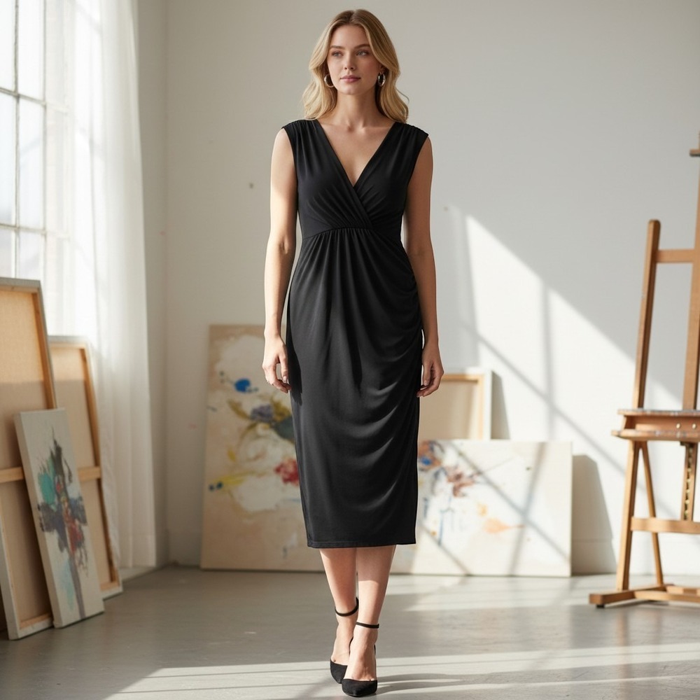 Lauren Ralph Lauren Sheath‎ Dress Women L Black Ruched Tea Length Quiet Luxury